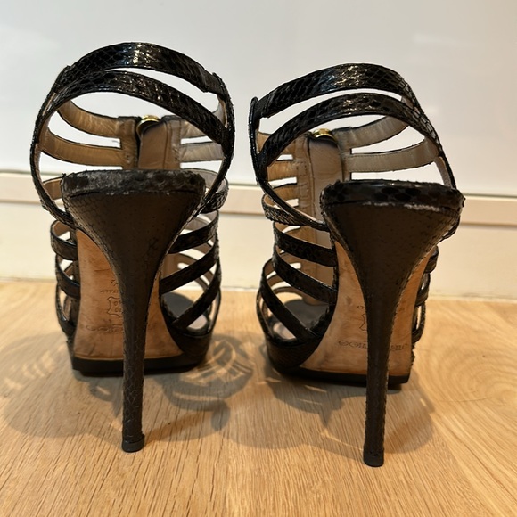 Jimmy Choo black snakeskin zip front platform strappy heels. - Picture 4 of 8